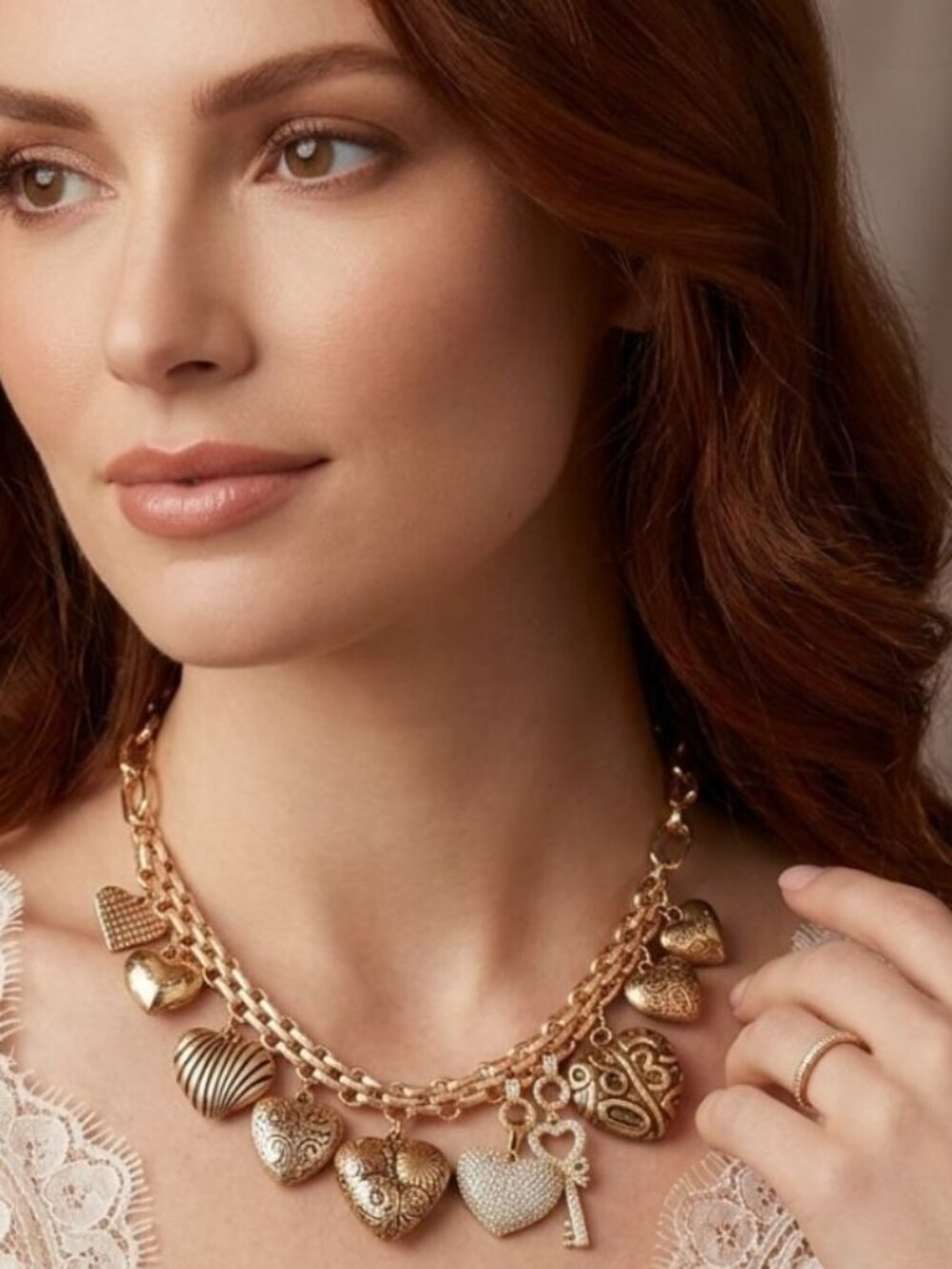 Chunky Charm Necklace with Mixed Textured Hearts, Pave Crystal Key